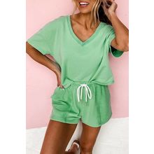 Mint Green V Neck Drop Shoulder Tee and Patchwork Drawstring Shorts Set
