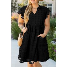 Black Dotty Textured Notched Neck Plus Ruffled Dress