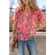 Red Floral Print Ruffled Puff Short Sleeve Blouse