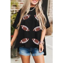 Black Sequin Rugby Football Patched Crewneck Loose T Shirt