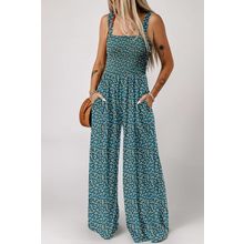 Green Floral Print Smocked High Waist Square Neck Jumpsuit