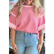 Peach Blossom Two Tones Patchwork Half Sleeve Plus Size T Shirt