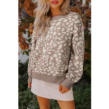 Gray Leopard Spots Pattern Ribbed Trim Drop Shoulder Sweater