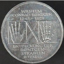 1995 D Germany 10 Mark Silver Coin 150th Ann Birth Wilhelm Conrad Rontgen