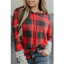 Red Christmas Plaid Striped Patchwork Drawstring Hoodie