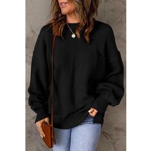 Black Solid Color Puffy Sleeve Pocketed Sweater