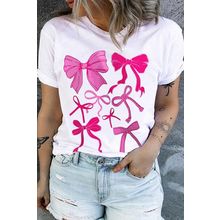 White Diverse Bowknot Printed Crew Neck Plus Size Tee