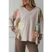 Green Flower Patched Exposed Seam Bracelet Sleeve Oversized T Shirt