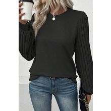 Black Contrast Ribbed Bishop Sleeve Top