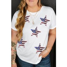 White Sequin American Flag Star Pattern Plus Size Tee