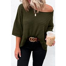 Green Textured Knit Drop Shoulder Short Sleeve Sweater