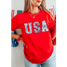 Red Floral USA Graphic Cuffed Sleeve Crew Neck Tee