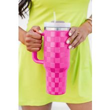 Dark Pink Checkered Print Handled Stainless Steel Tumbler Cup 40oz
