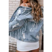 Sky Blue Sequin Embellished Fringe Distressed Denim Jacket