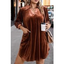 Coffee Plus Size V Neck Collared Pleated Back Rounded Hem Velvet Dress