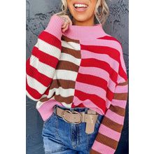 Pink Stripe Color Block High Neck Drop Shoulder Loose Sweater