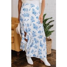 Sky Blue Boho Floral High Waist Ruffle Split Maxi Skirt