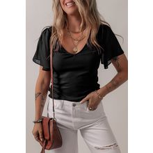 Black Mesh Ruffled Sleeve Slim Fit V Neck Top