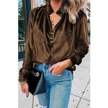 Desert Palm Frilled Neck Buttoned Front Velvet Top