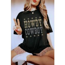 Black HOWDY COWBOY Star Print Crew Neck Loose T Shirt