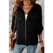 Black Collar Tab Sleeve Zip Up Flap Detail Jacket