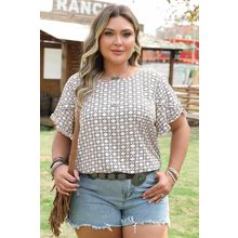 Khaki Plus Size Geometric Print Ruffled Sleeve Blouse