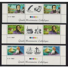 Fr. Polynesia Catholic Missionaries Ships Church 3v Gutter Strips 1987 MNH