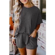 Carbon Grey Ribbed Textured Knit Loose Fit Tee and Shorts Set