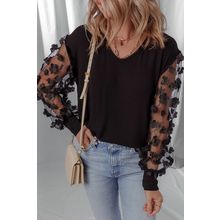 Black Flower Applique Mesh Long Sleeve V Neck Blouse