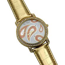 Lady Watch - Faux Croc Embossed Band w/ Rhinestone Paisley Print - Gold - WT-...