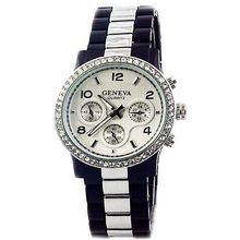 Lady Watch - Two-tone Metal Band w/ Rhinestone Accent - Black/Silver - WT-MN7...