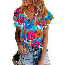Multicolor Floral Print Drawstring V Neck Short Sleeve Blouse