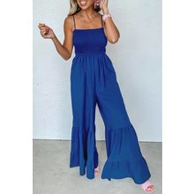 Navy Blue Spaghetti Straps Smocked Ruffled Wide Leg Jumpsuit