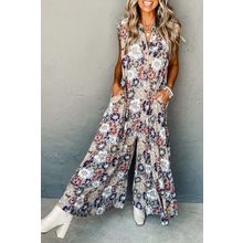 Sky Blue Floral Sleeveless Buttoned Pocketed Wide Leg Jumpsuit