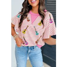 Sachet Pink Striped Guitar Patched Ruffle Short Sleeve Crossed Seam Blouse
