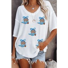 White Patriotic Bow Boots Patched Breathable Texture V Neck Loose Tee