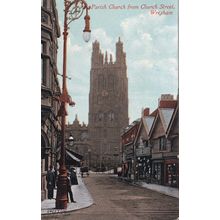 EC906 WREXHAM -PARISH CHURCH FROM CHURCH STREET . PRINTED POSTCARD.