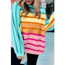 Yellow Stripe Gradient Striped Ribbed Edge Loose Sweater