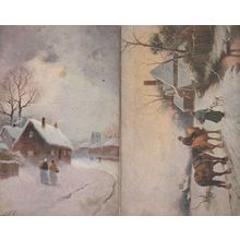 Christmas Snow Cottage 2x Old Panel Wood Painting Postcard s
