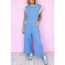 Sky Blue Color Block Detail Casual Two-piece Outfit