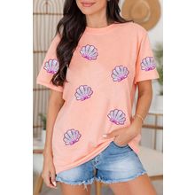 Pink Sequin Shell Graphic Round Neck T Shirt