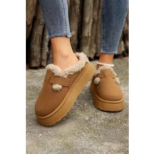 Brown Plush Patched Buckle Decor Thick Sole Thermal Slippers