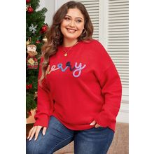 Fiery Red Tinsel merry Pattern Drop Shoulder Plus Size Sweater