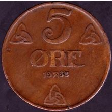 1938 Norway 5 Ore Coin