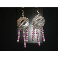 Lightweight Asian style textured purple & silver colour dangle hook earring
