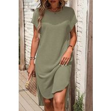 Jungle Green Waffle Texture Curved Hem Side Slit T-shirt Dress