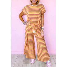 Yellow Stripe Rainbow Tee Tasseled String Wide Leg Pants Set