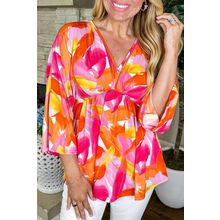Orange Abstract Print 3/4 Sleeve V Neck Ruffled Babydoll Blouse