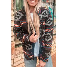 Black Aztec Printed Zip Up Collar Jacket