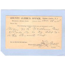 New Jersey Jersey City Penny Post Card From County Clerks Office Listing C~1044